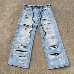 WNTD DISTRESSED DOUBLE DENIM PANTS BLUE